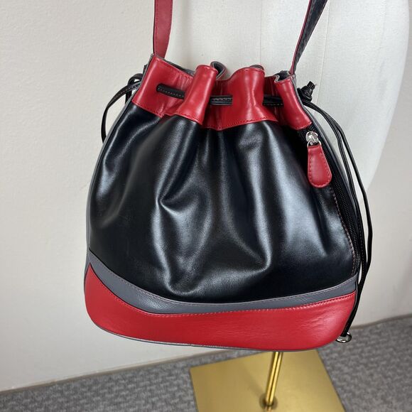 ILI New York Bucket Bag Womens Black Red Genuine Leather Drawstring Crossbody - Picture 3 of 13